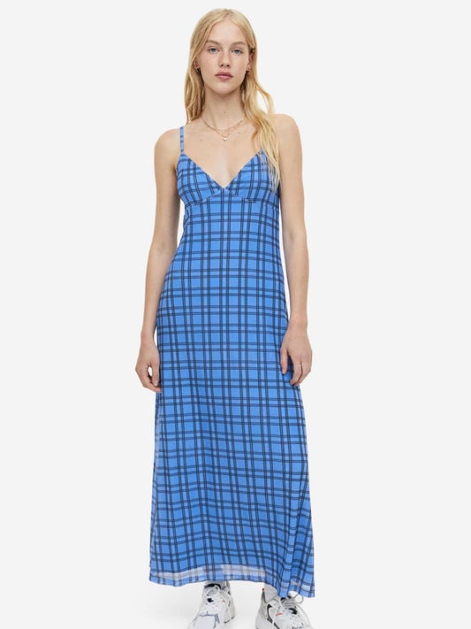 Blue/Checked Mesh Slip Dress