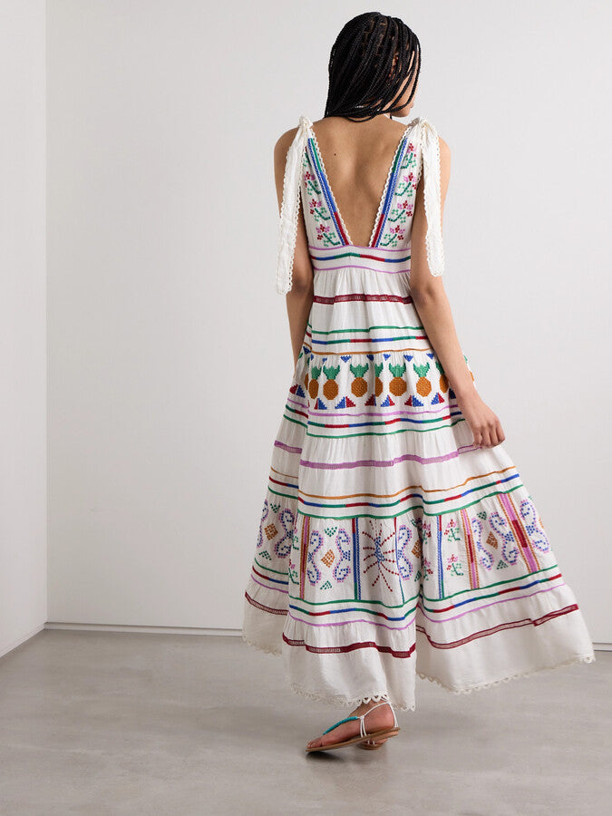 Embroidered Tiered Linen Blend Maxi