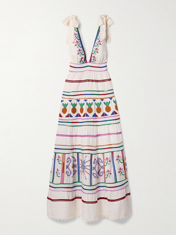 Embroidered Tiered Linen Blend Maxi