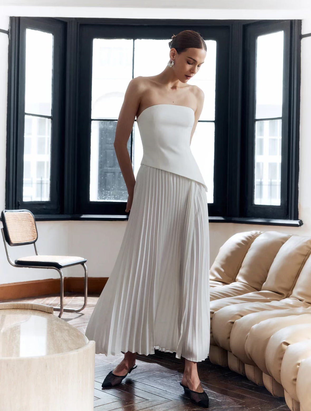 Solid Pleated Strapless Slit Dress