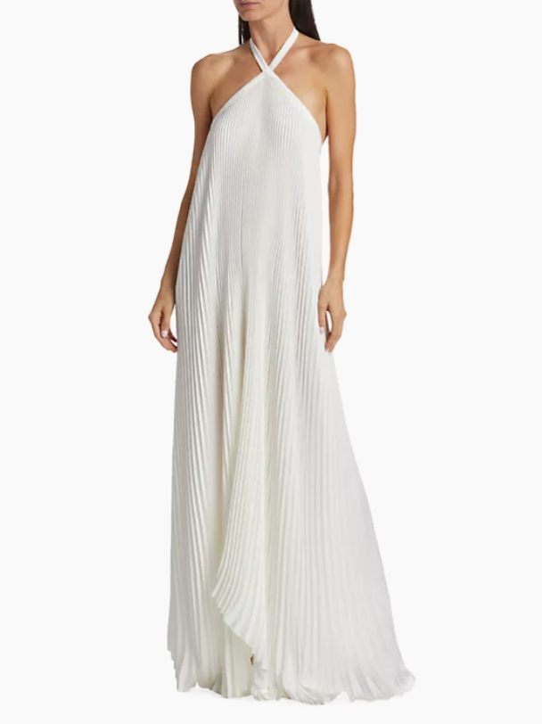 Asymmetric Halter Pleated Gown