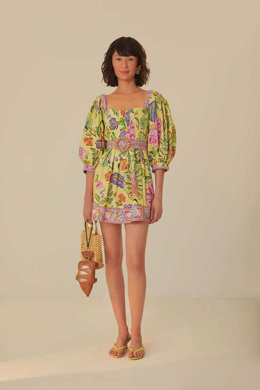 Yellow Floral Insects Short Dress