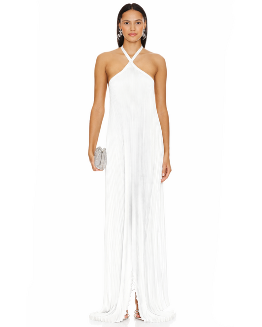Asymmetric Halter Pleated Gown