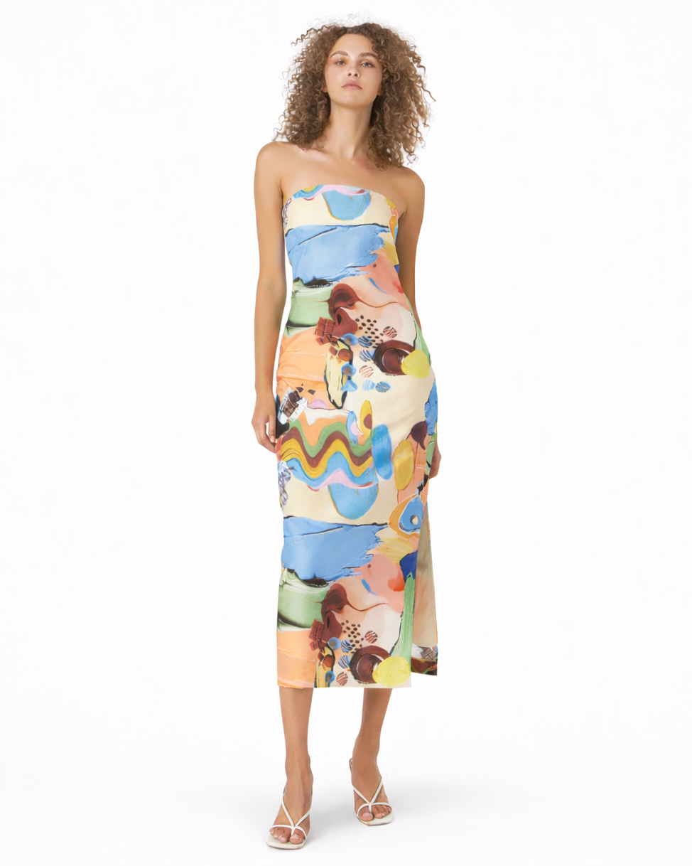 Abstract Print Strapless Dress