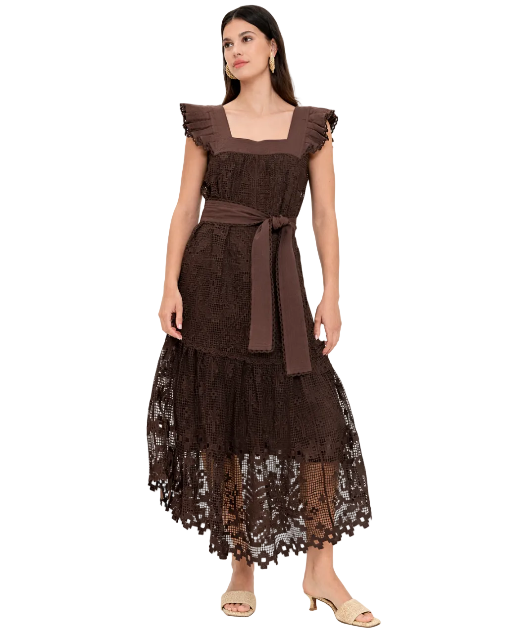 Guipure Midi Dress In Brown