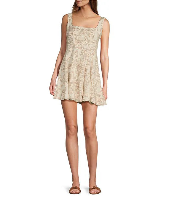 Palm Drawing Linen Dress