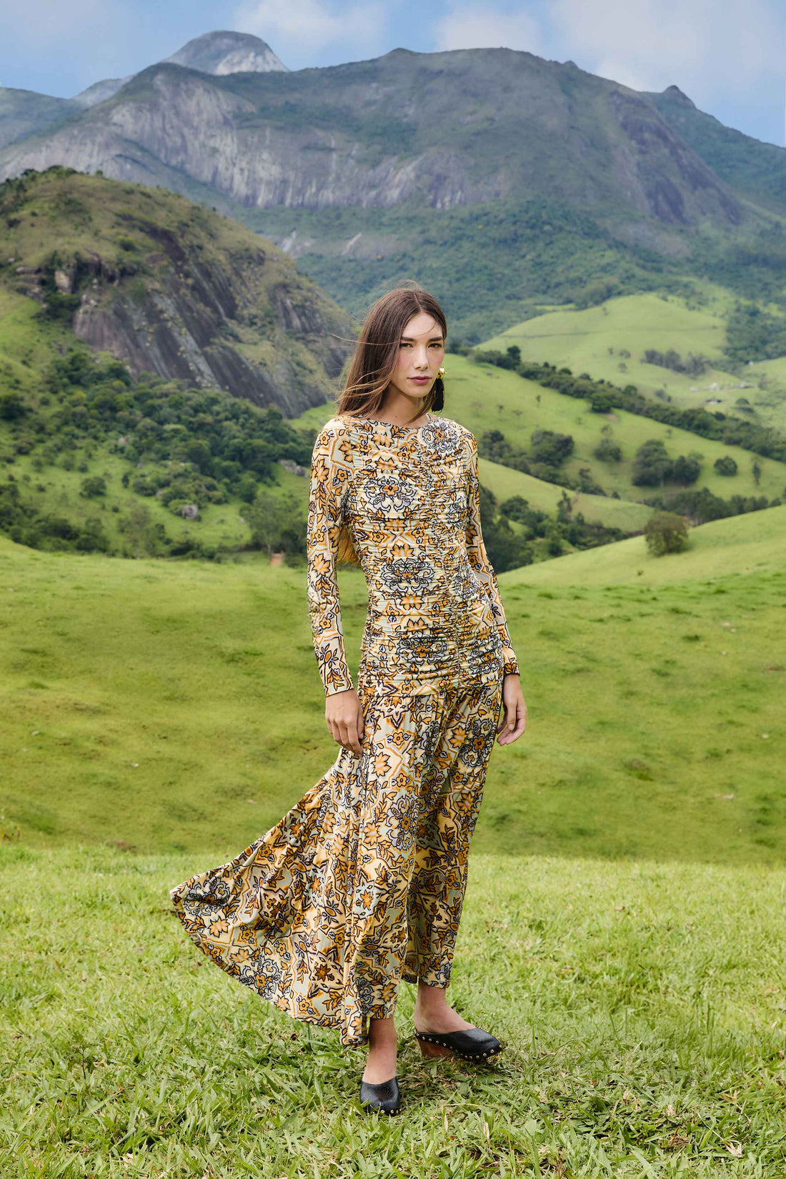 Blue Winter Tapestry Long Sleeve Maxi