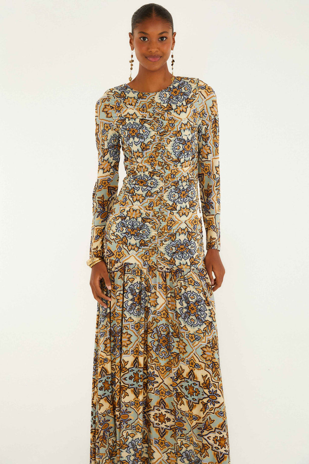 Blue Winter Tapestry Long Sleeve Maxi