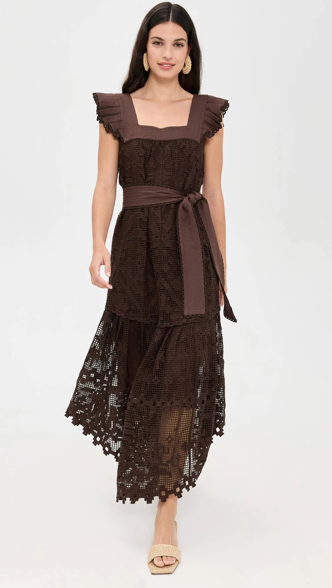 Guipure Midi Dress In Brown