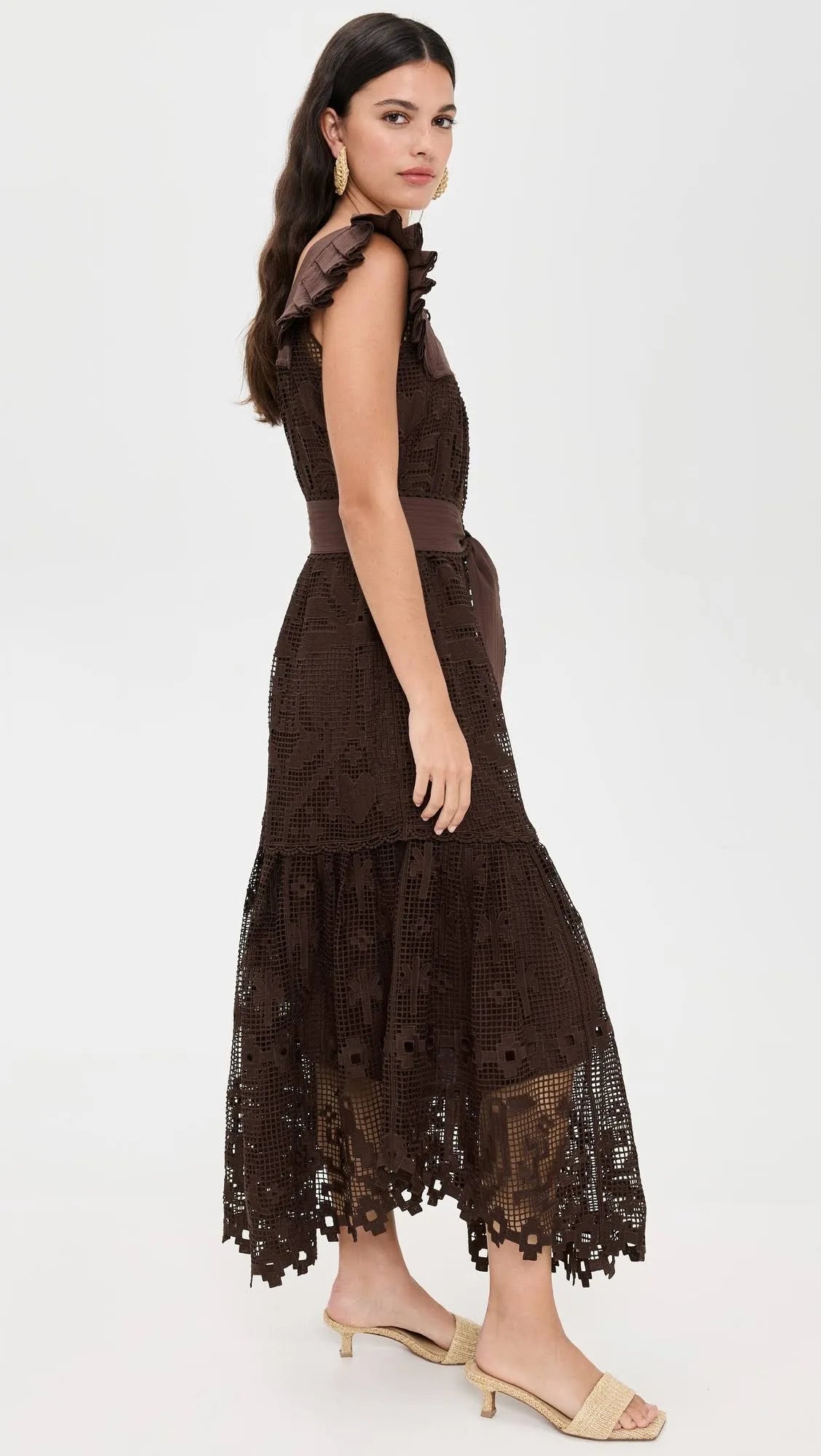 Guipure Midi Dress In Brown