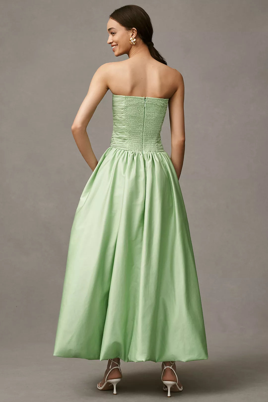 Briana Strapless Drop-Waist Bubble Midi