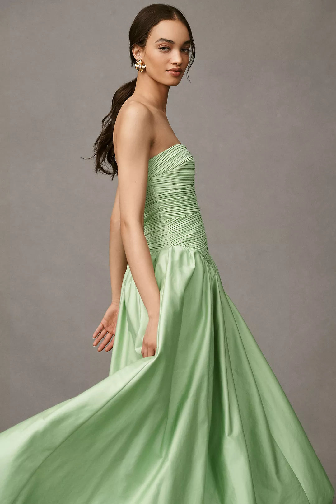 Briana Strapless Drop-Waist Bubble Midi