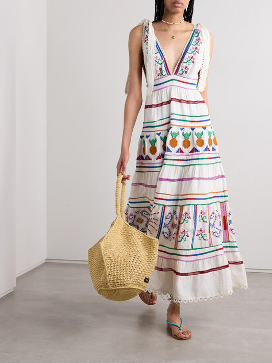 Embroidered Tiered Linen Blend Maxi