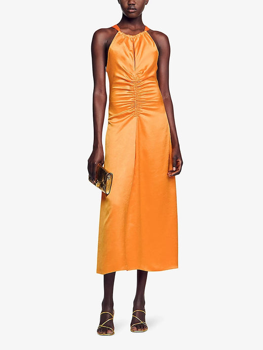 Ruched Halter Neck Satin Midi