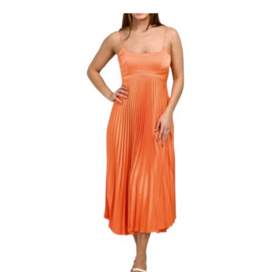 Pleated Orange Midi Dress