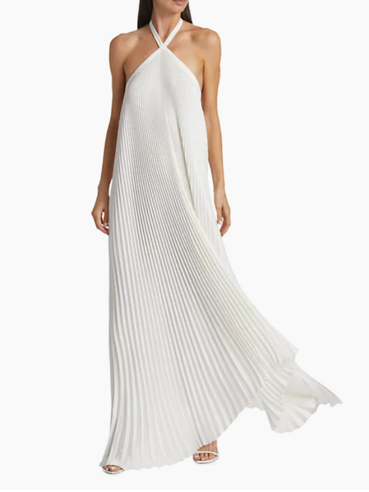 Asymmetric Halter Pleated Gown