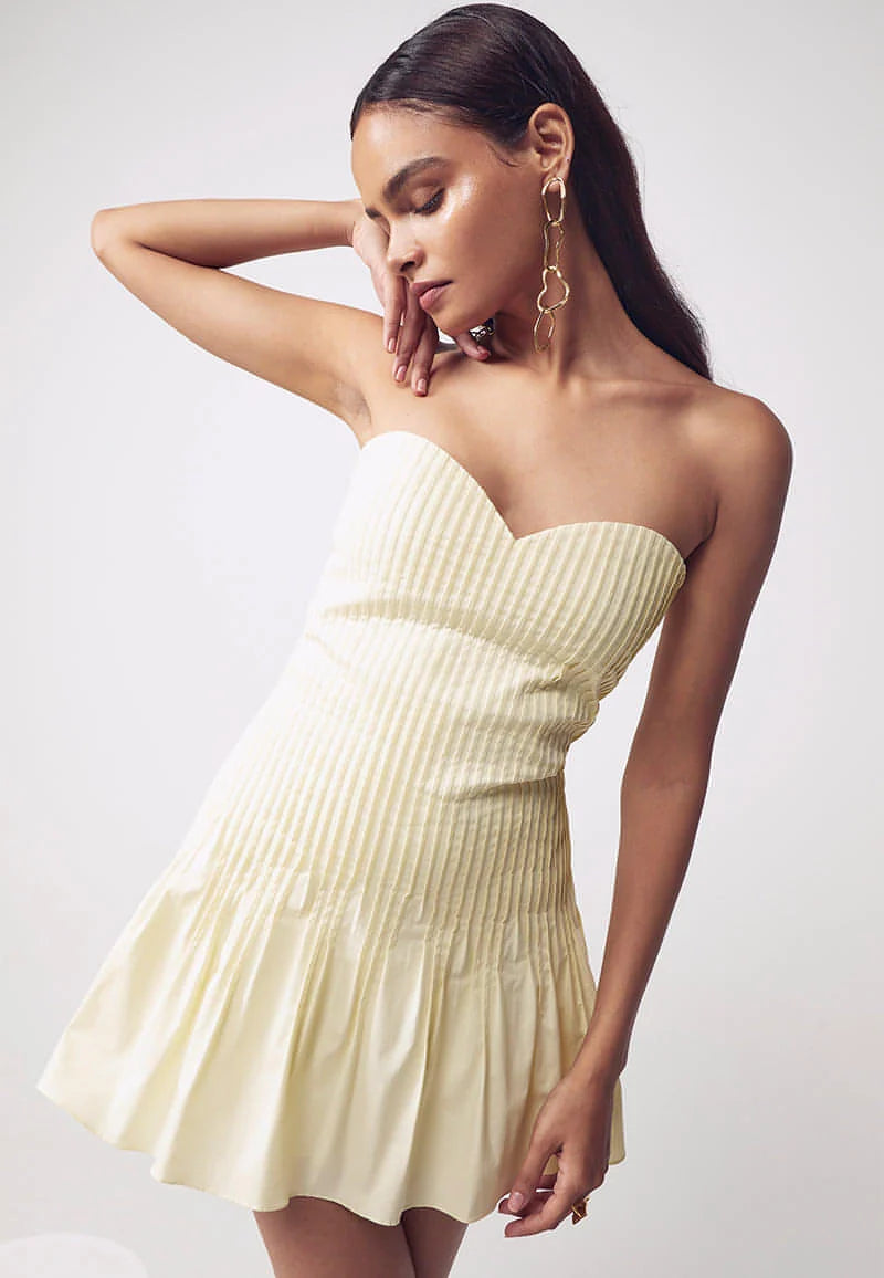 Sweetheart Tucked Mini Dress in Yellow